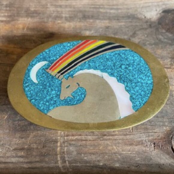 Vintage Mosaic Chip Turquoise Brass Belt Buckle Unicorn - Picture 11 of 11